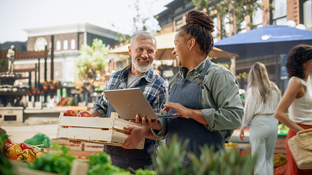 A photo of late career small business owners in a small town. 